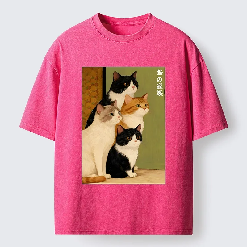Magmoo Funny Japanese Cat Family Portrait Washed T-Shirt