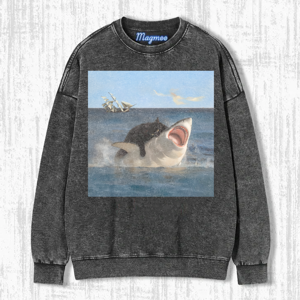 Funny Black Cat Bites Shark Shirt/Sweatshirt/Hoodie-Magmoo