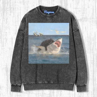 Funny Black Cat Bites Shark Shirt/Sweatshirt/Hoodie-Magmoo