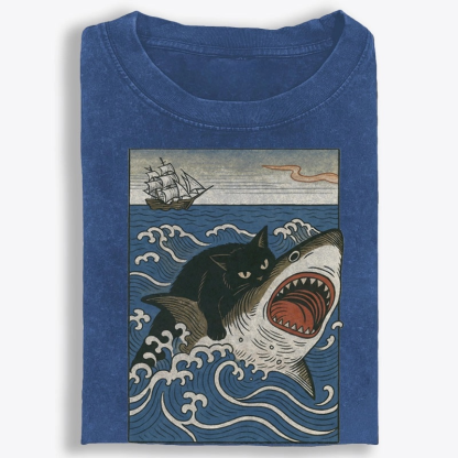 Ukiyo-e Cat Riding Shark Retro Washed T-Shirt
