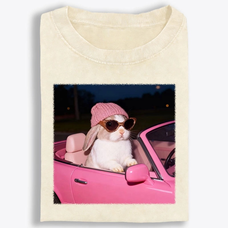 Fashion Bunny Cruising In Pink Car Retro Washed T-Shirt