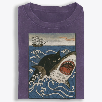 Ukiyo-e Cat Riding Shark Retro Washed T-Shirt