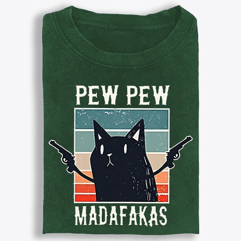 Pew Pew Madafakas Black Cat Retro Washed T-Shirt
