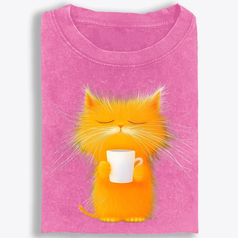 Fluffy Orange Cat with Coffee Retro Washed T-Shirt