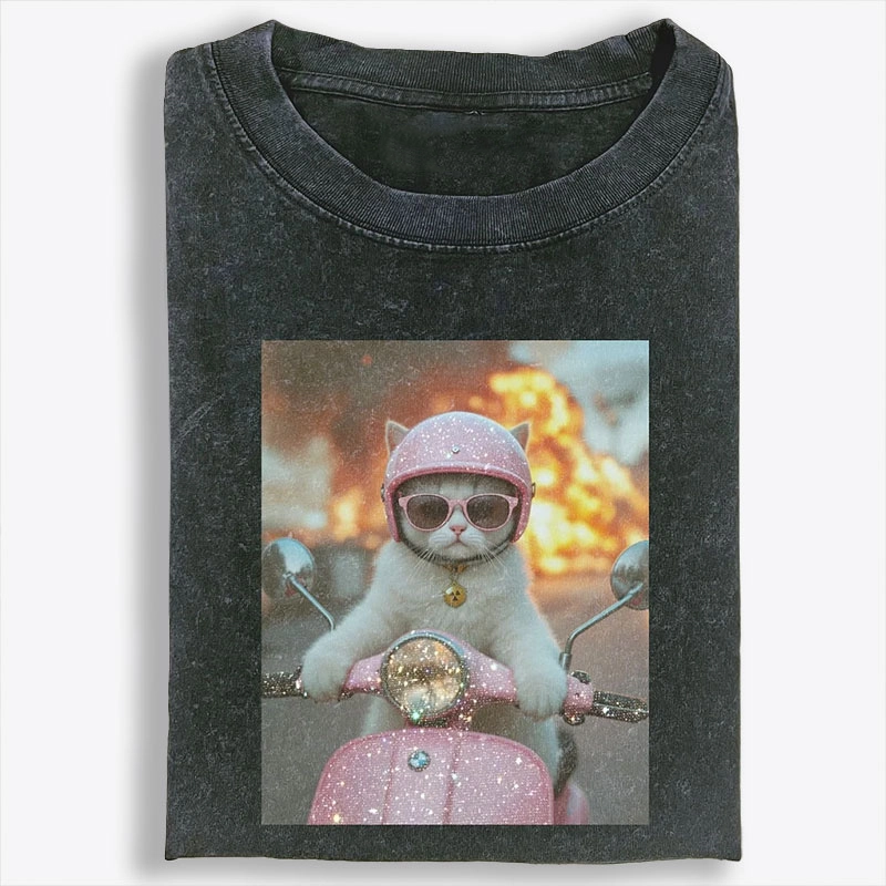 Pink Scooter Cat & Explosion Meme Retro Washed T-Shirt