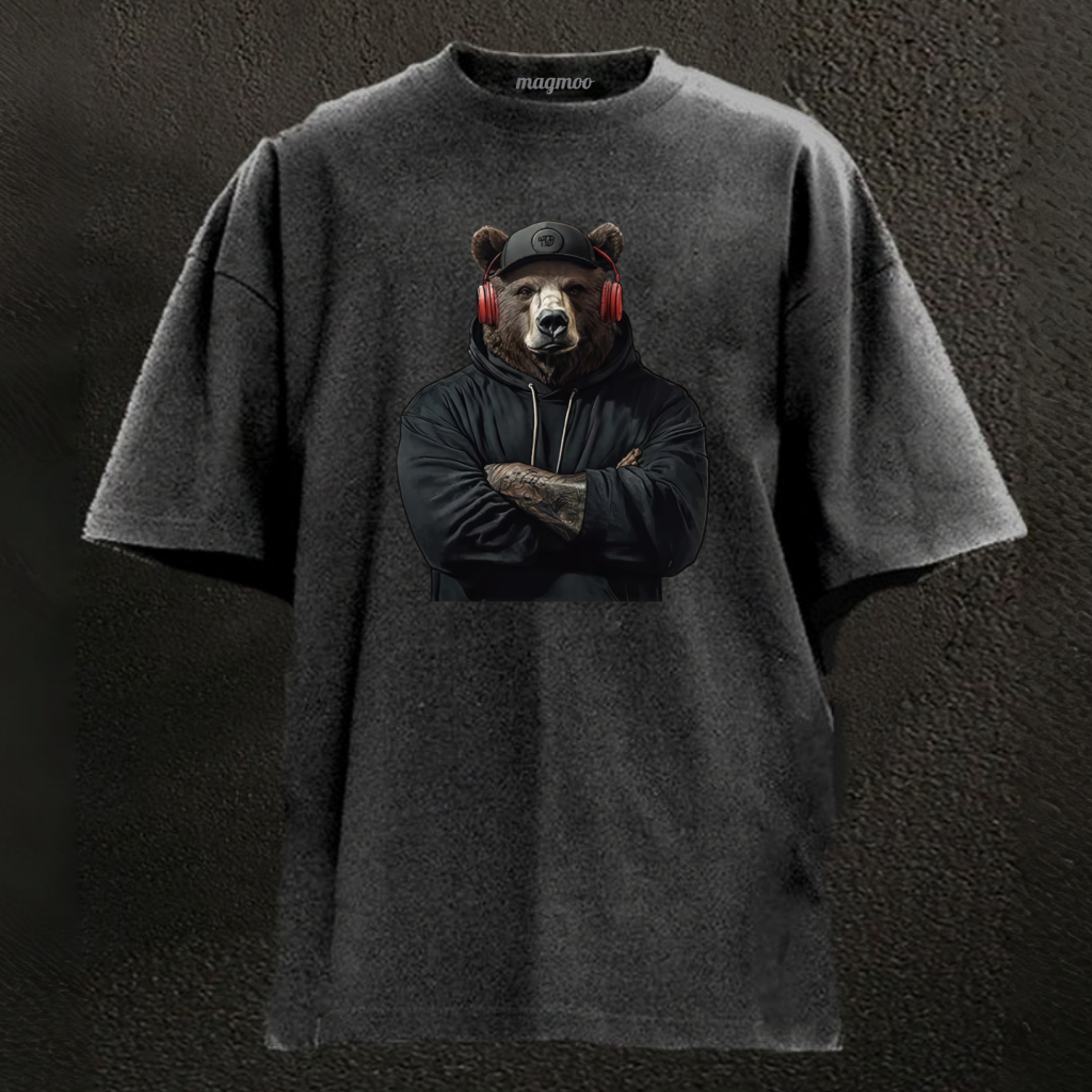 Magmoo Bear With Headphones Washed Gym Shirt