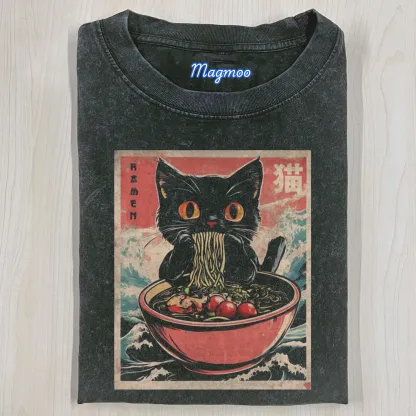 RETRO CAT EATING RAMEN T-SHIRT-Magmoo