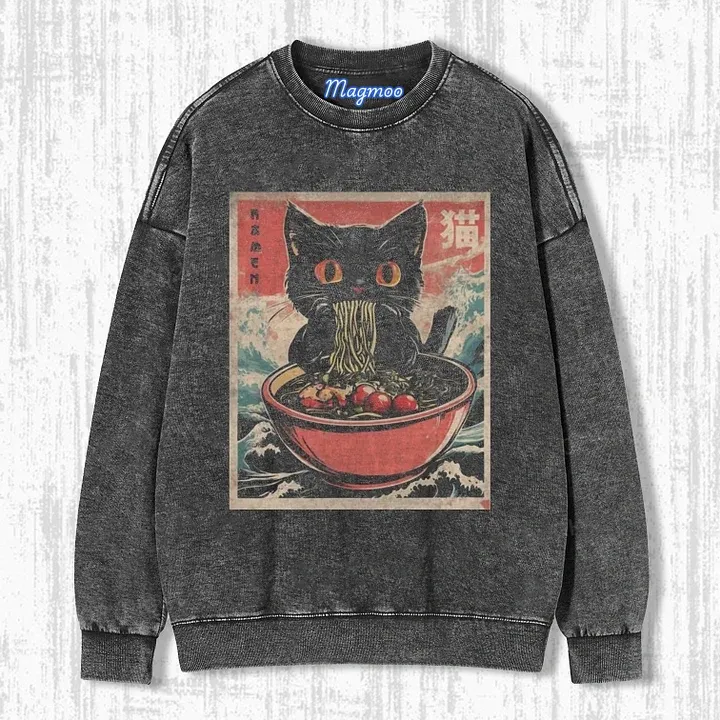 RETRO CAT EATING RAMEN T-SHIRT-Magmoo