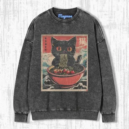 RETRO CAT EATING RAMEN T-SHIRT-Magmoo