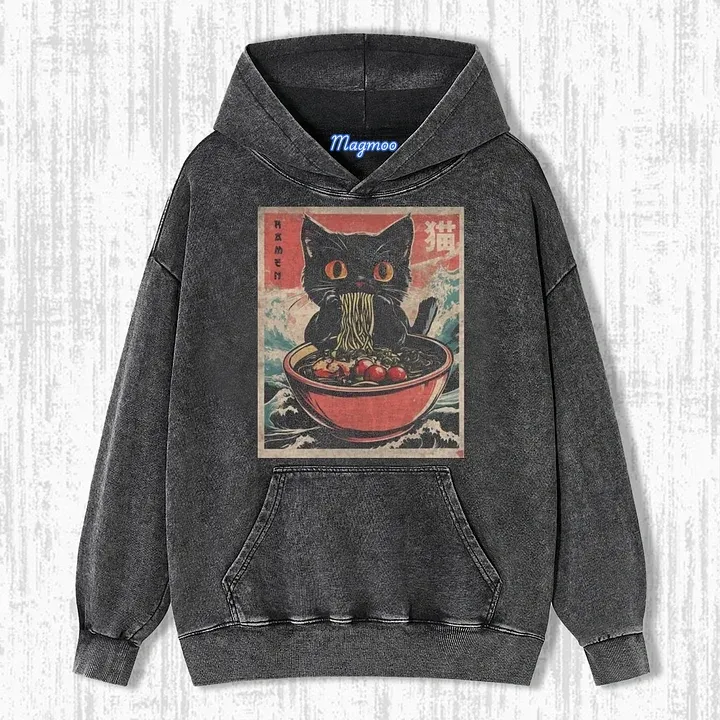 RETRO CAT EATING RAMEN T-SHIRT-Magmoo