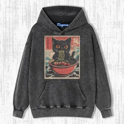 RETRO CAT EATING RAMEN T-SHIRT-Magmoo