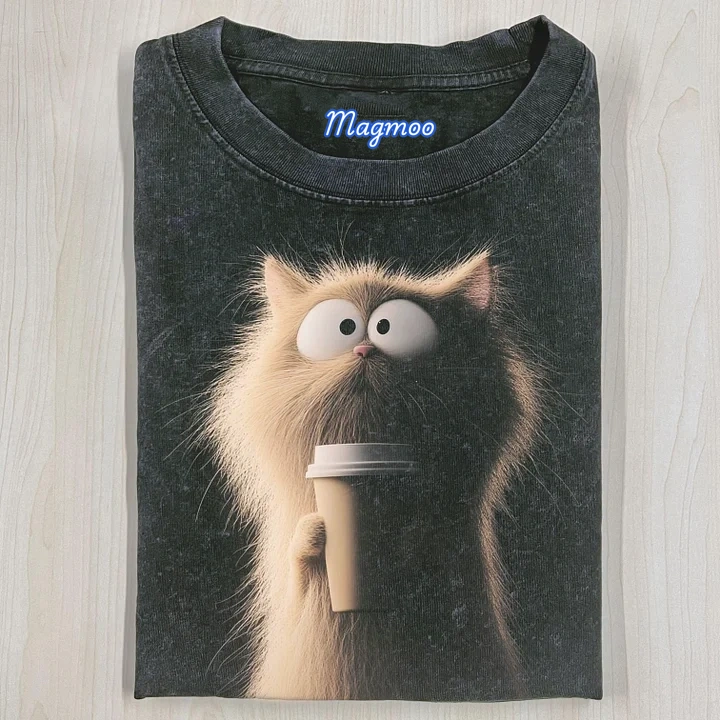 CARICATURE CAT WITH A MUG T-SHIRT