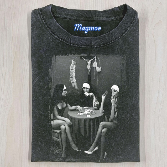 NUNS NAKED PLAYING CARDS SMOKING NUN T-SHIRT