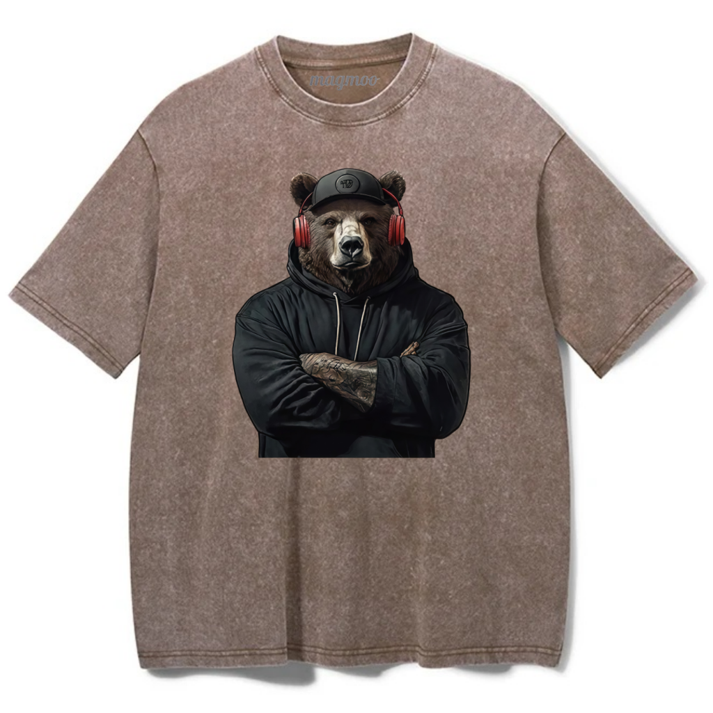 Magmoo Bear With Headphones Washed Gym Shirt