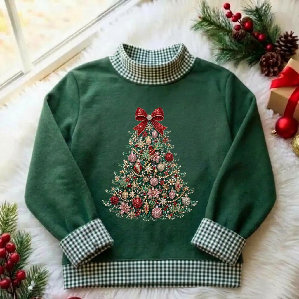 Magmoo Jeweled Christmas Tree Gingham Mockneck Sweatshirt