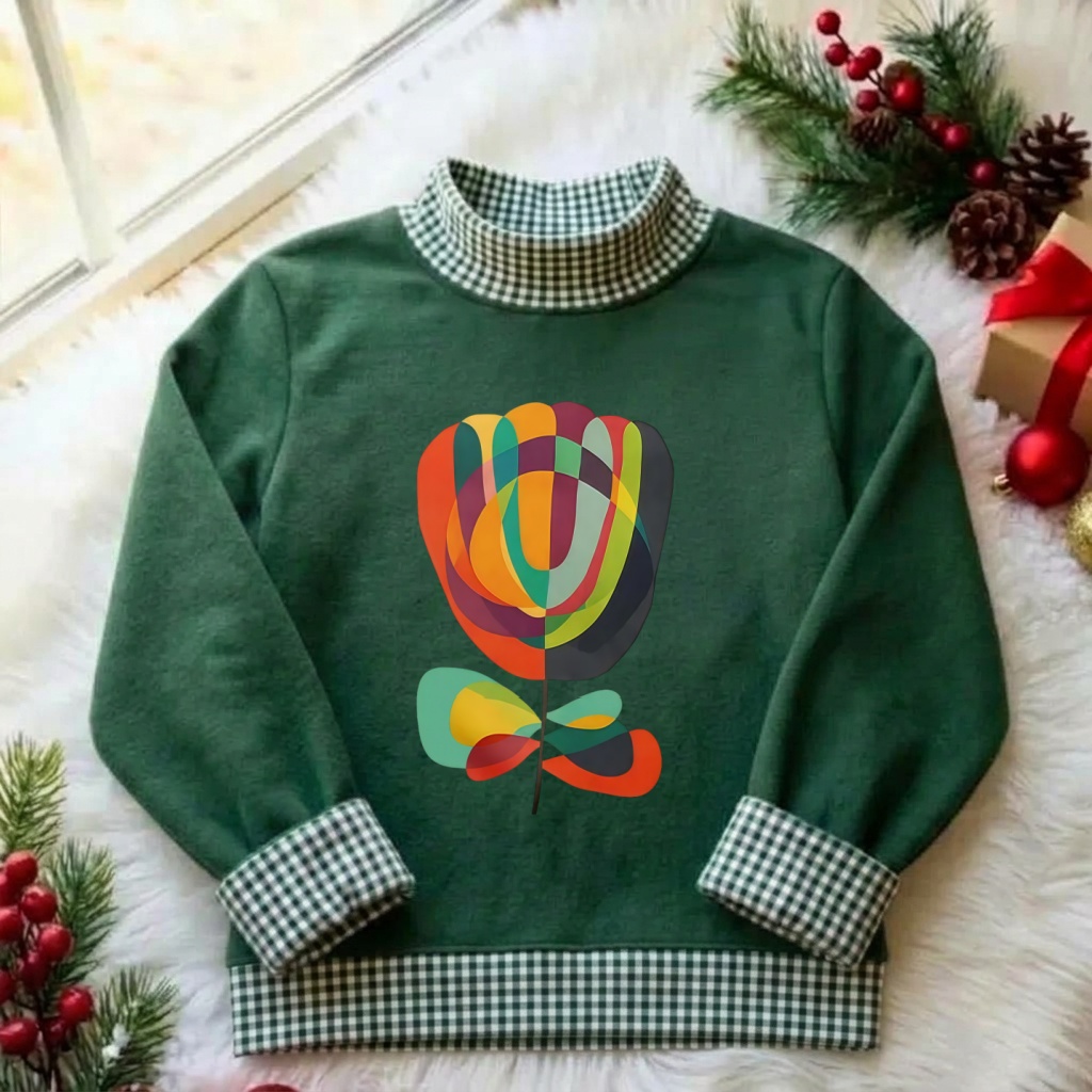 Magmoo Modern Abstract Color Flower Art Gingham Mockneck Sweatshirt