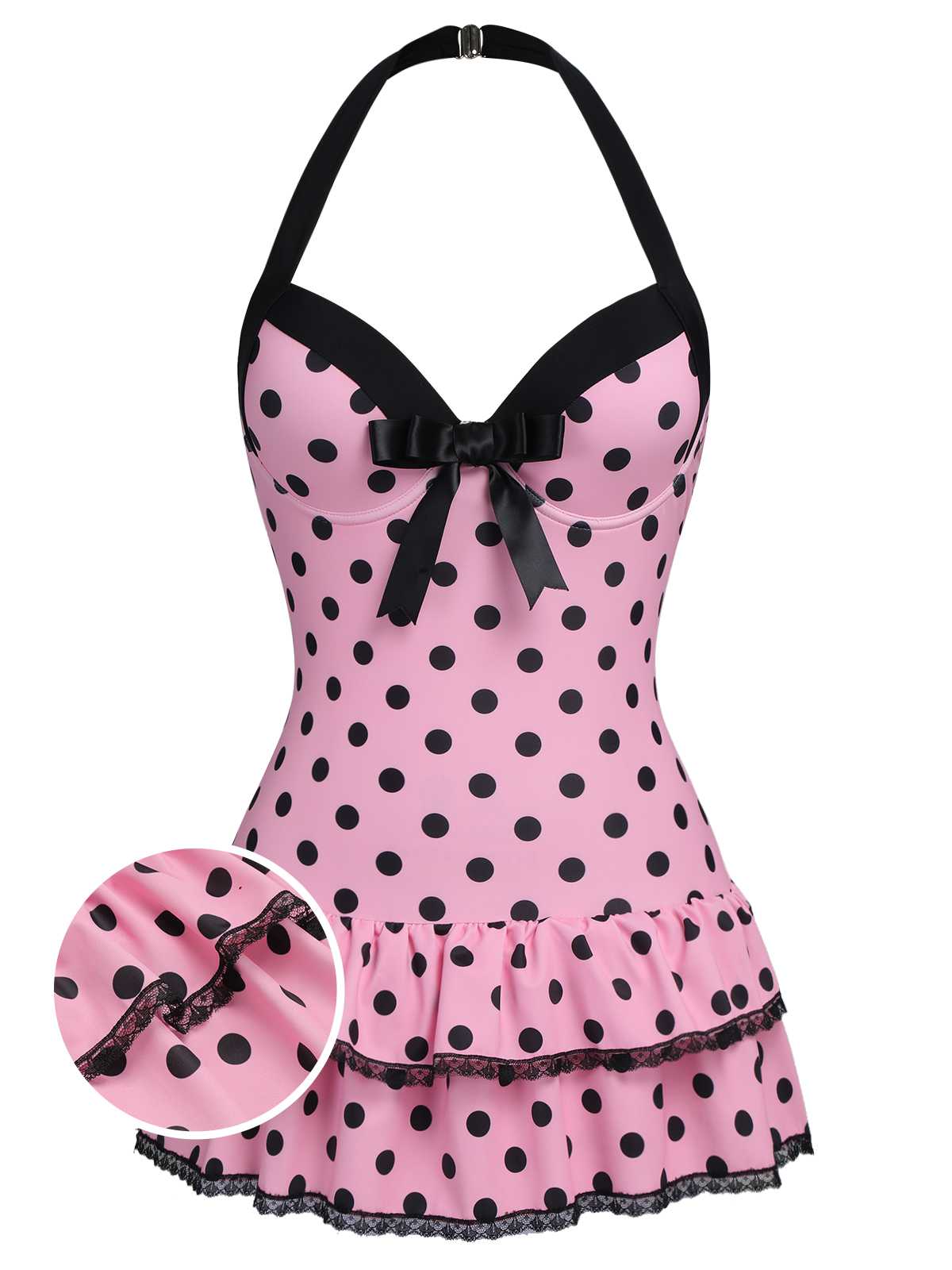 2024 Pink 1940s Halter Polka Dots Bow One-Piece Swimsuit
