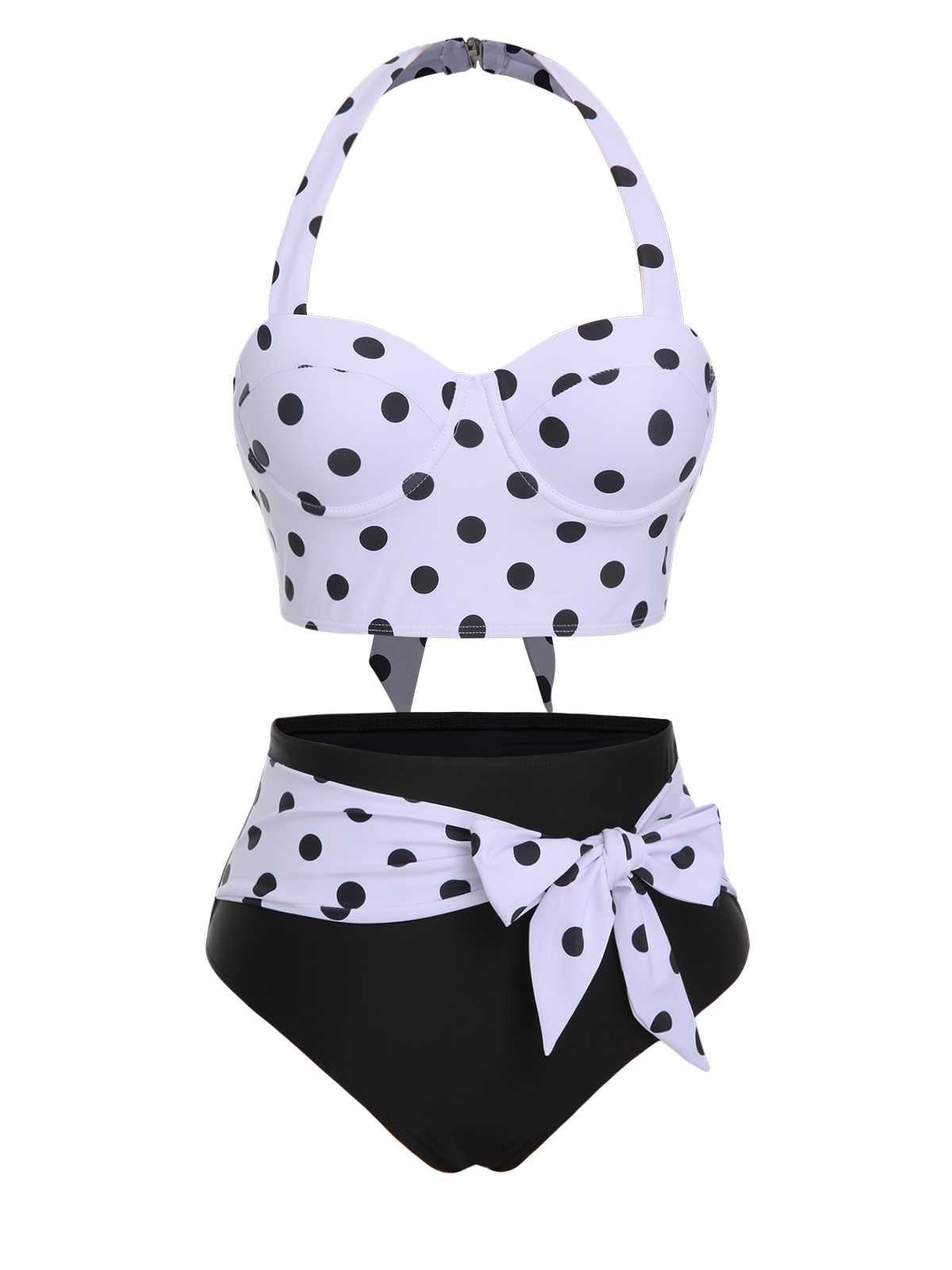 [Pre-Sale] 1950s Halter Contrast Polka Dots Swimsuit