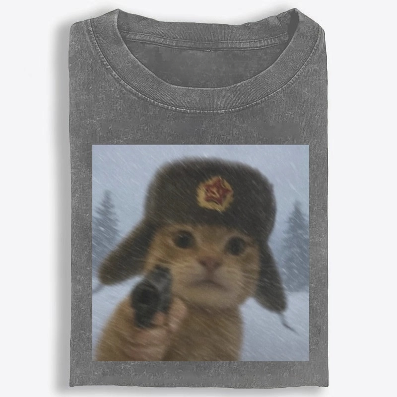 Soviet Ushanka Cat Retro Washed T-Shirt