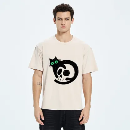 Magmoo Spooky Black Cat Skull Meme Washed T-Shirt-Magmoo