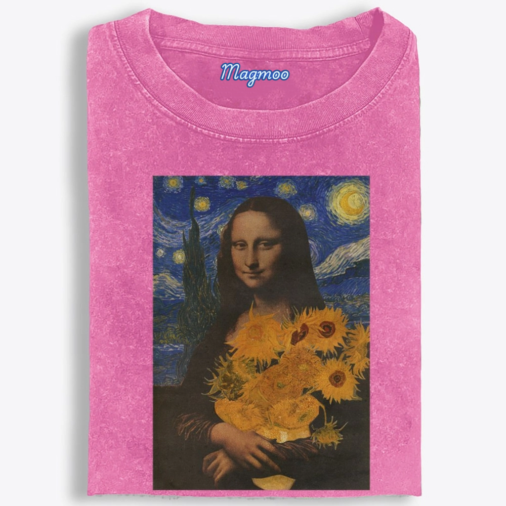 Mona Lisa's Starry Sunflowers Retro Washed T-Shirt