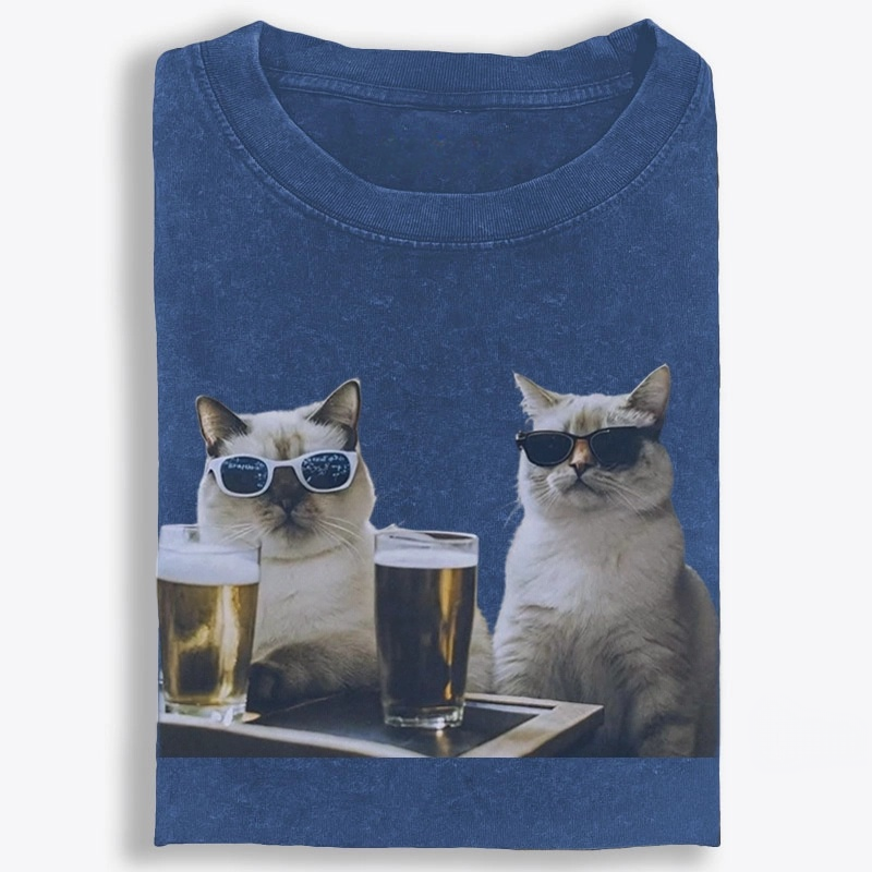 Cats at Bar with Beer Retro Washed T-Shirt