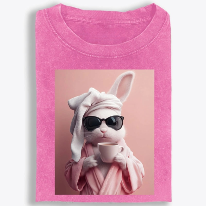 Bunny in Bathrobe Morning Coffee Retro Washed T-Shirt