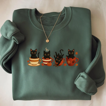 Embroidered Halloween Black Cat Sweatshirt-Magmoo