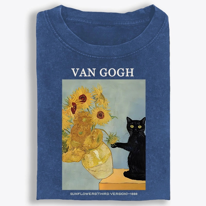 Playful Cat Meets Van Gogh Sunflowers Retro Washed T-Shirt