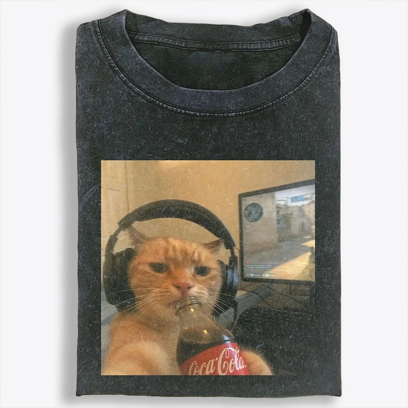 Gaming Cat with Coca-Cola Retro Washed T-Shirt