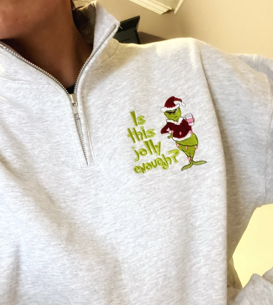 Embroidered Grinch Holiday Zip Sweatshirt