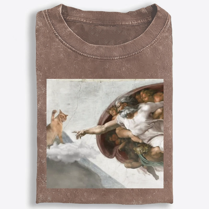 Cat Parody of The Creation of Adam Art Retro Washed T-Shirt