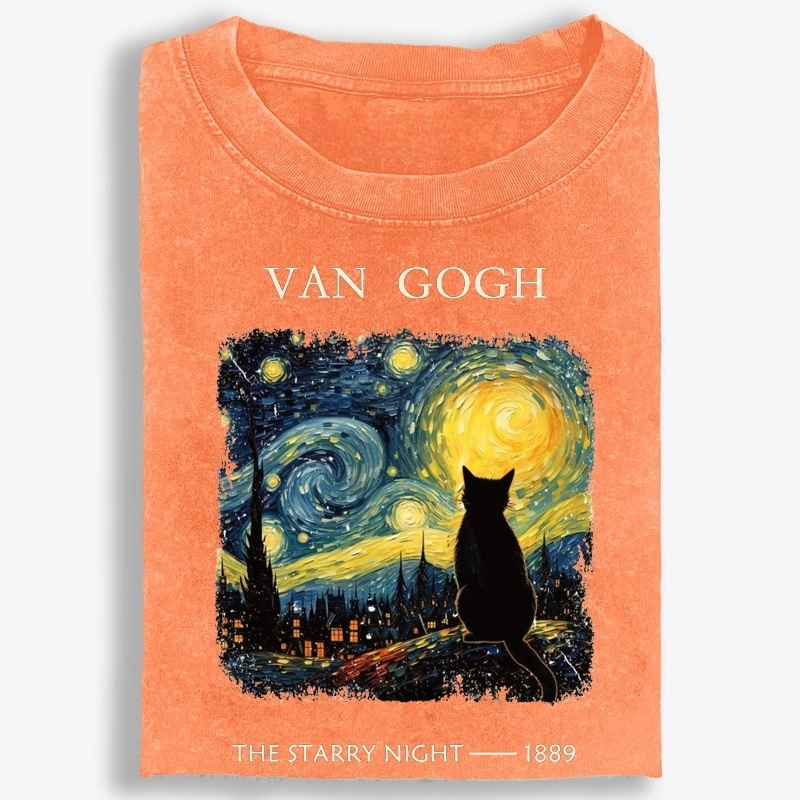 Van Gogh Starry Night Cat Retro Washed T-Shirt