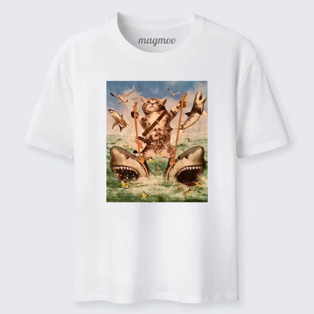 Magmoo Cat Riding Sharks T-shirt