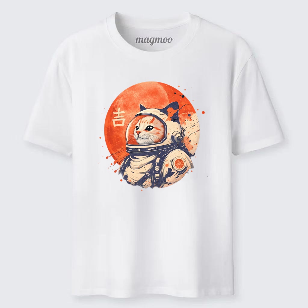 Magmoo Japanese Minimalist 1950s Retro Space Cat Good Luck Kanji T-shirt