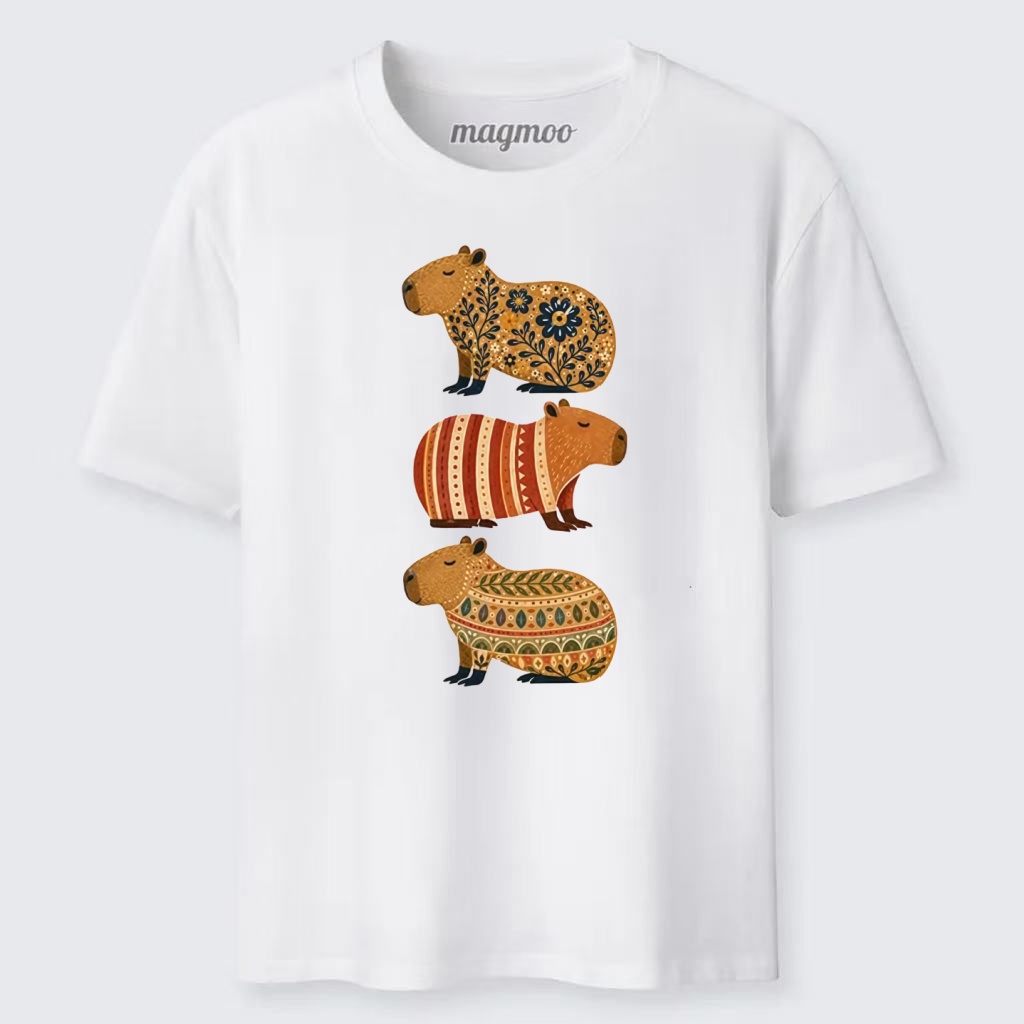 Magmoo Folk Floral Striped Capybara Trio Print Classic T-shirt