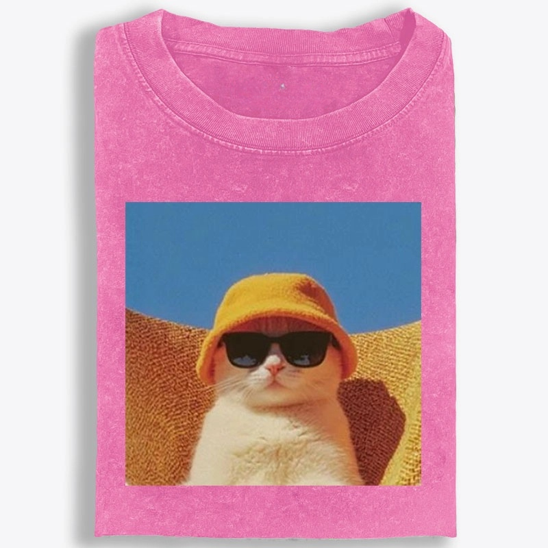 Cool Cat In Yellow Bucket Hat Streetwear Retro Washed T-Shirt