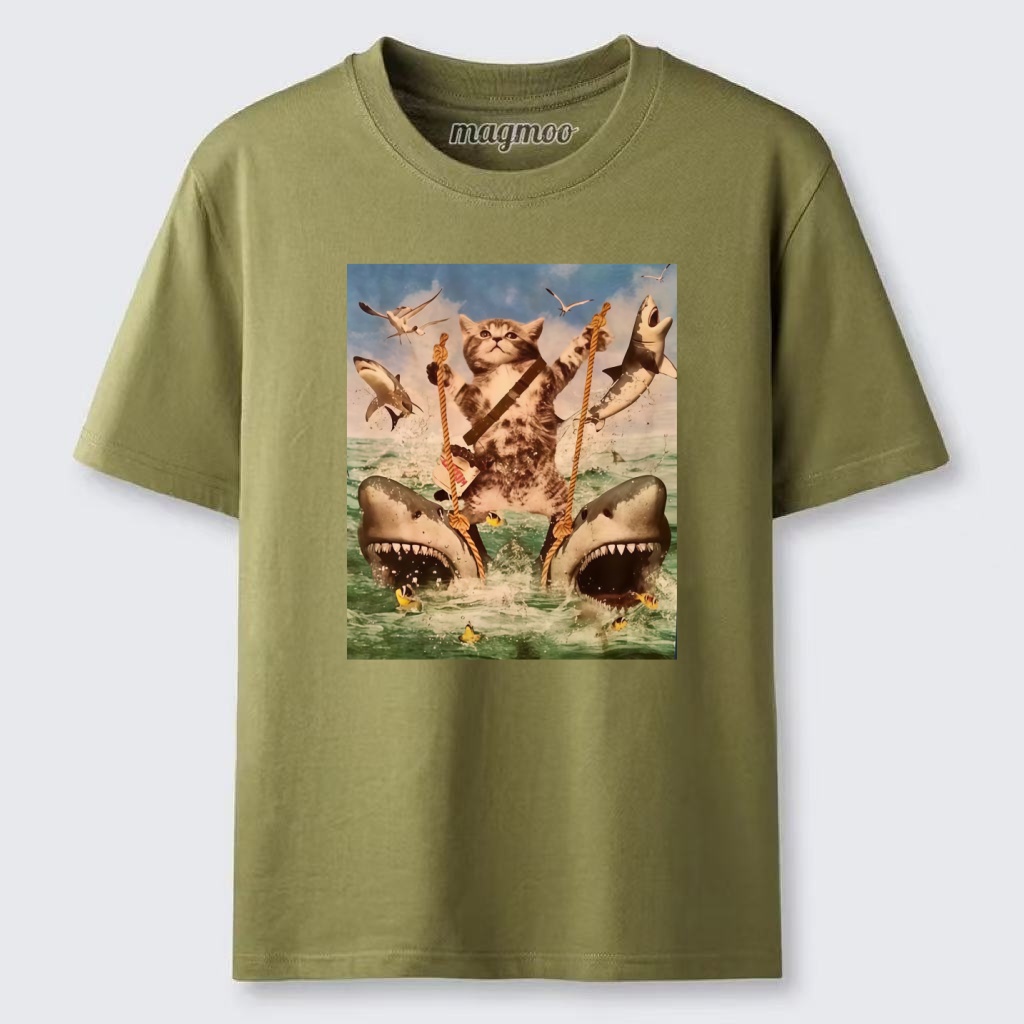 Magmoo Cat Riding Sharks T-shirt