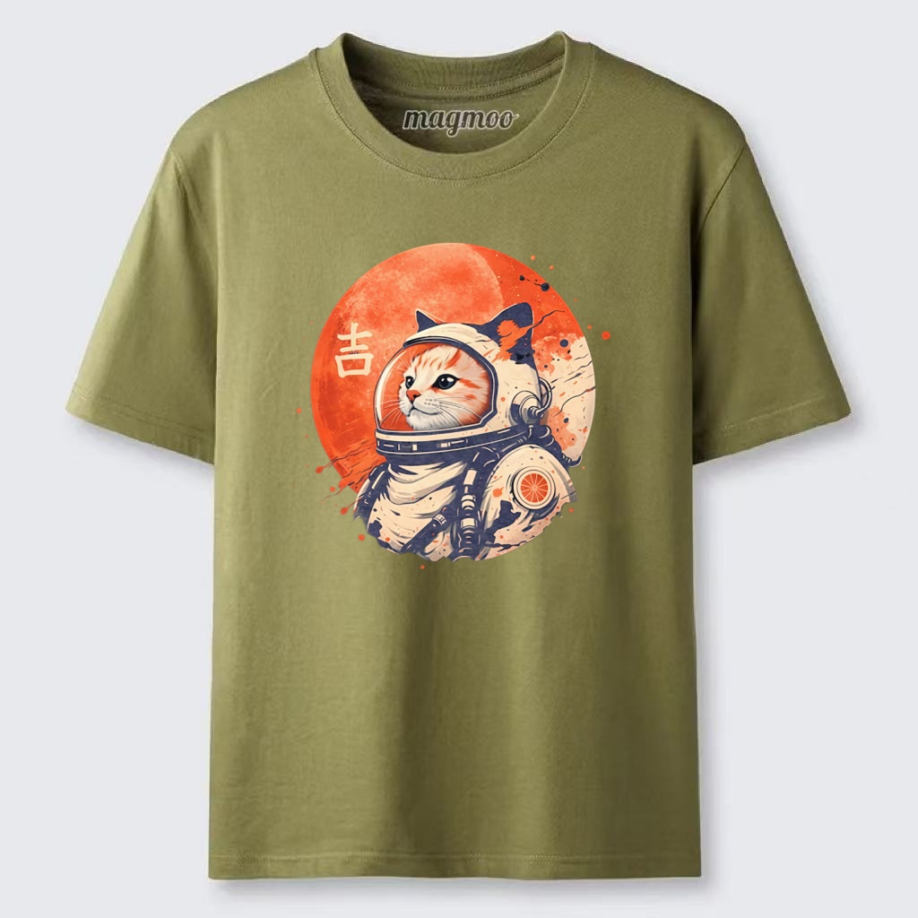 Magmoo Japanese Minimalist 1950s Retro Space Cat Good Luck Kanji T-shirt