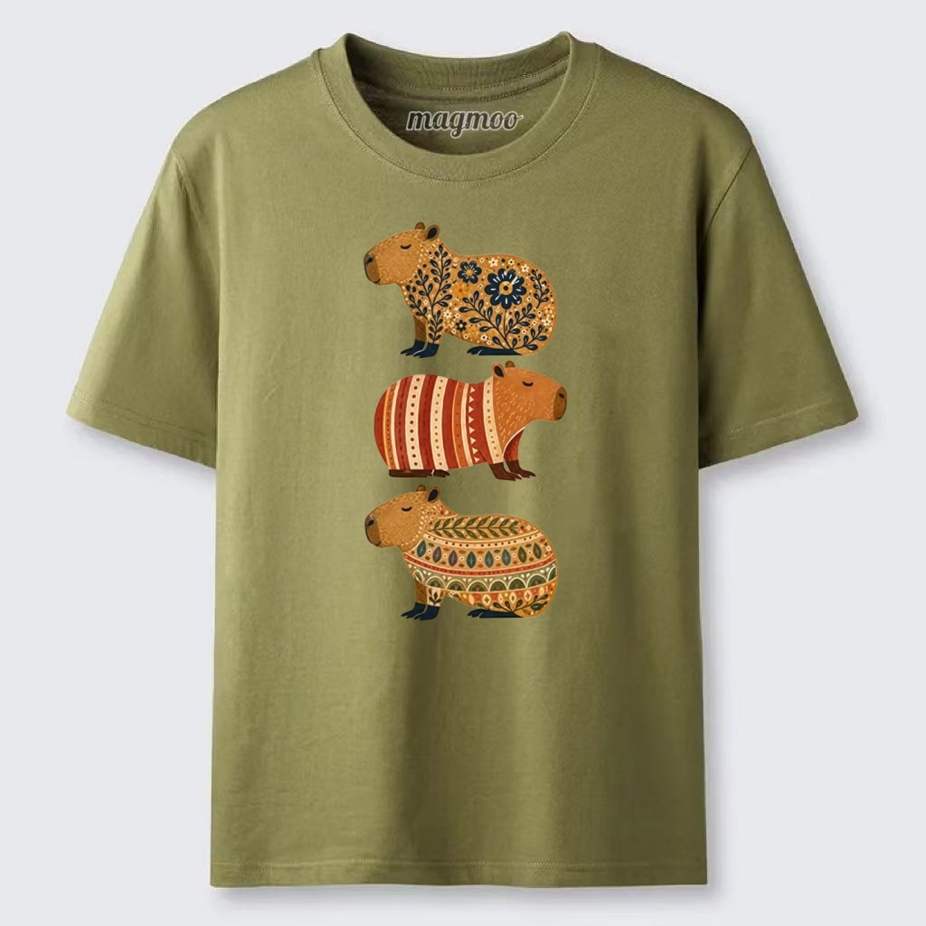 Magmoo Folk Floral Striped Capybara Trio Print Classic T-shirt