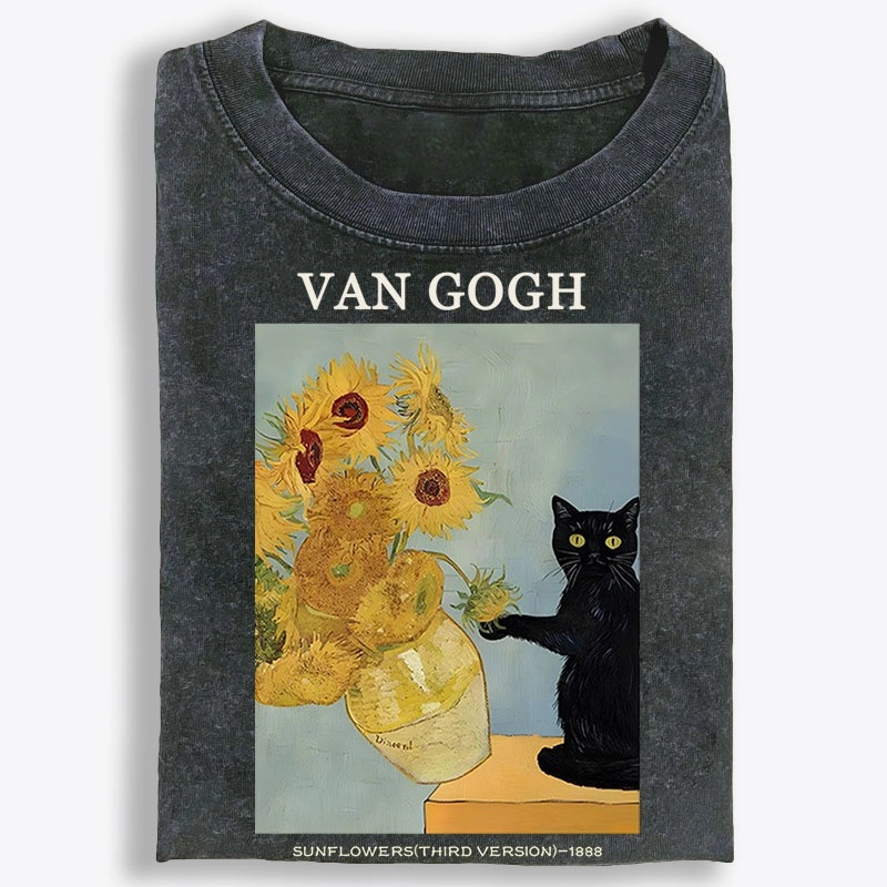 Playful Cat Meets Van Gogh Sunflowers Retro Washed T-Shirt