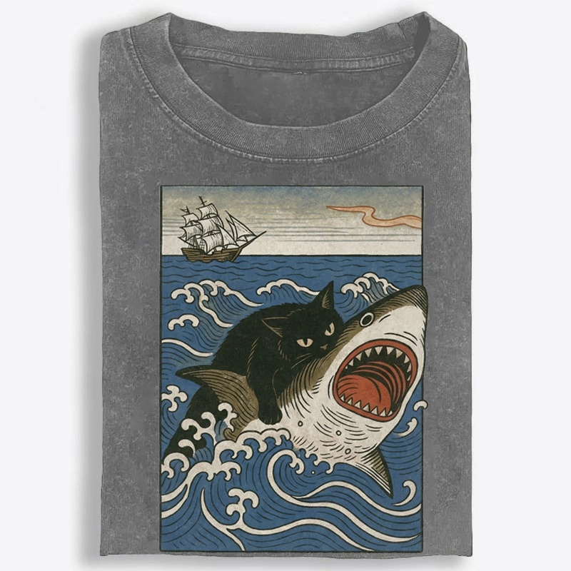 Ukiyo-e Cat Riding Shark Retro Washed T-Shirt
