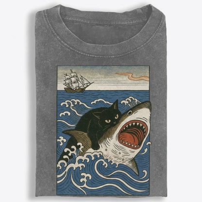 Ukiyo-e Cat Riding Shark Retro Washed T-Shirt