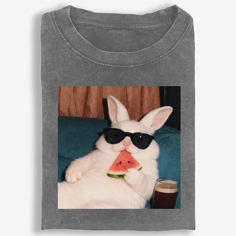 Rabbit Eating Watermelon Sunglasses Retro Washed T-Shirt