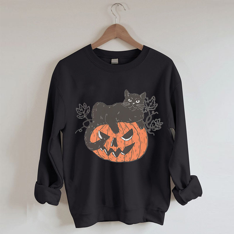Black Cat on Pumpkin Sweatshirt-Magmoo