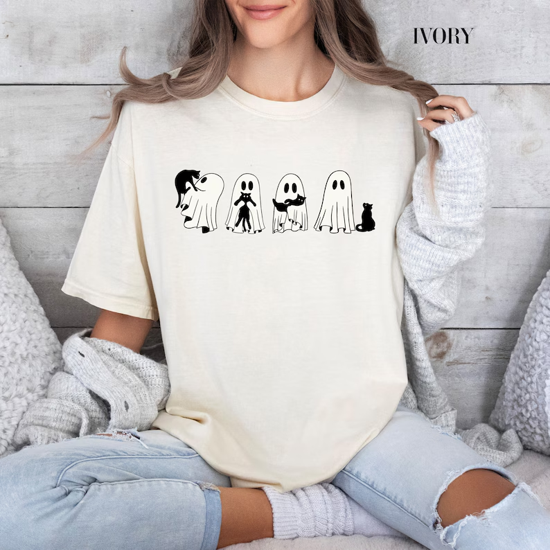 Halloween Black Cat & Ghost Comfort Colors Shirt-Magmoo