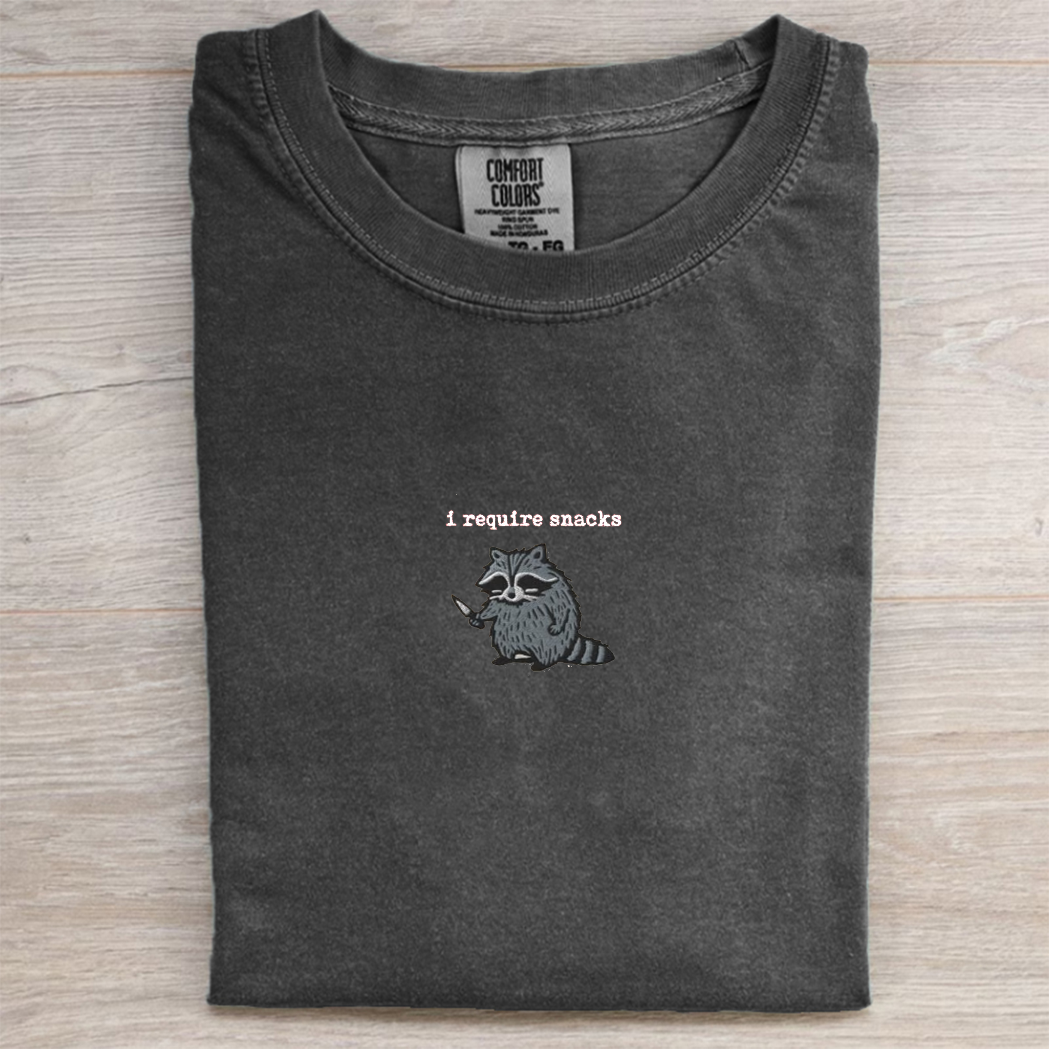 I Require Snacks Embroidered Raccoon T-shirt-Magmoo