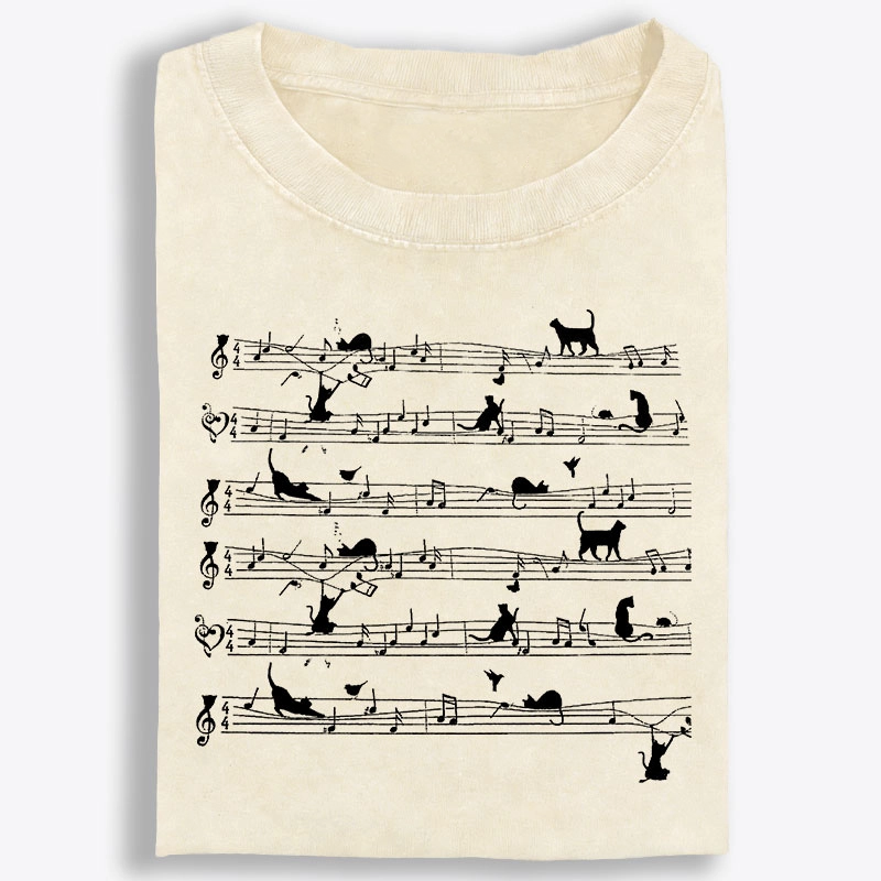 Cat Music Sheet Retro Washed T-Shirt