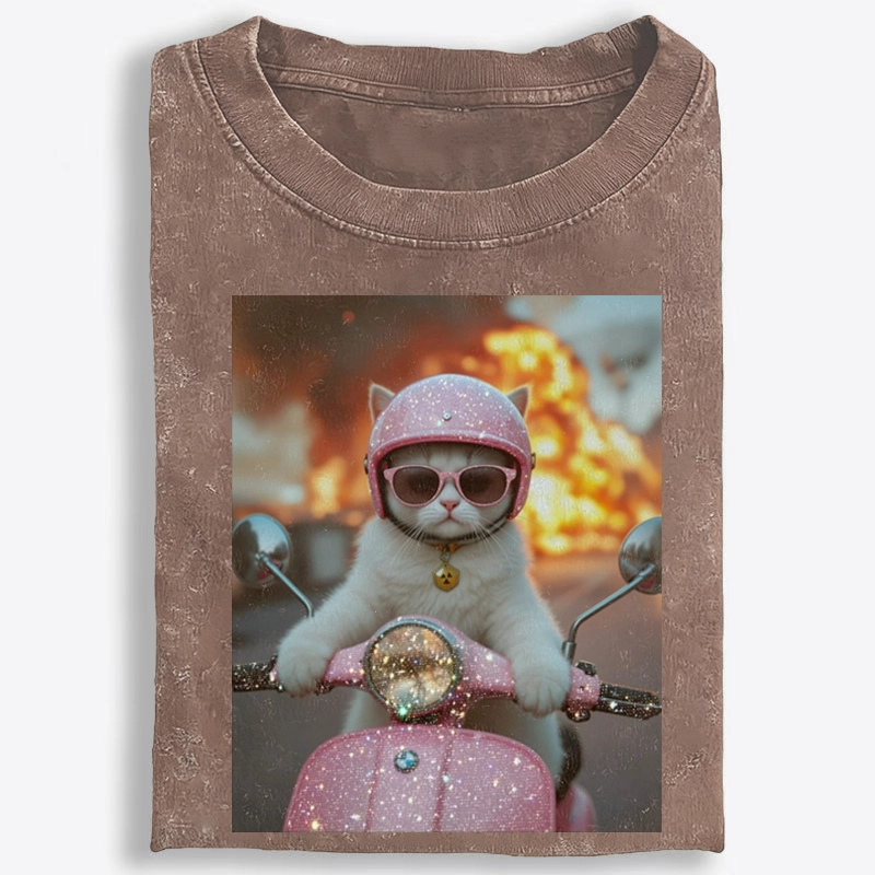 Pink Scooter Cat & Explosion Meme Retro Washed T-Shirt