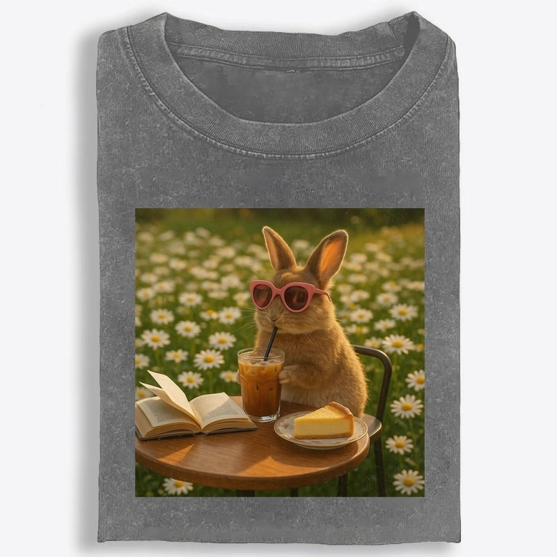 Daisy Afternoon Tea Bunny Meme Retro Washed T-Shirt